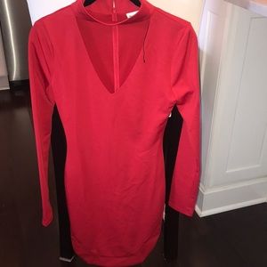 Red long sleeve choker mini dress